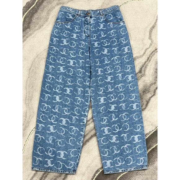 Chanel 23B Runway Light Blue Denim White CC Print Logo Baggy Oversized Jeans 34 - Picture 2 of 10